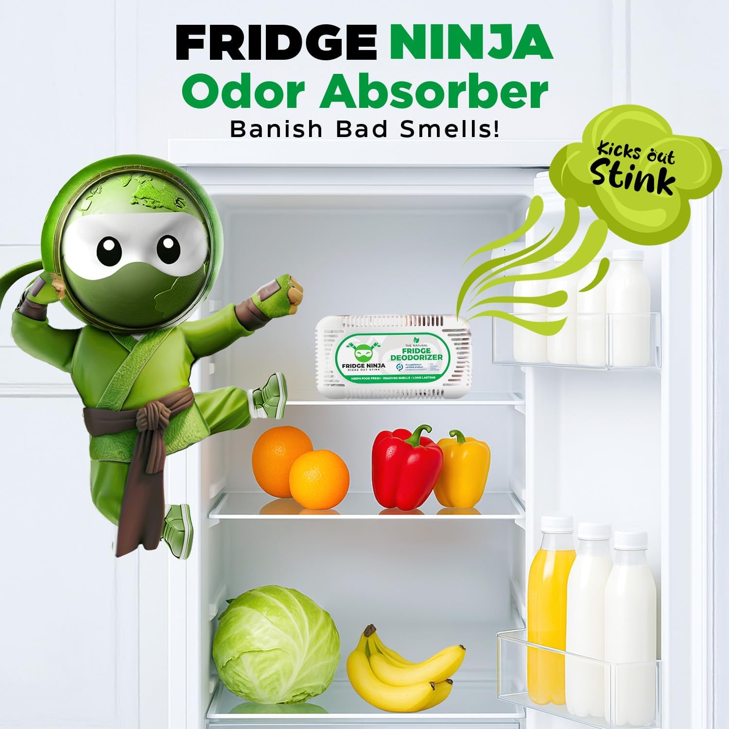Fridge Ninja Fridge Deodorizer, Activated Charcoal Odor Absorber, 4 Pack