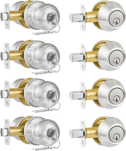 Plustool 4 Pack Exterior Door Lock Set, Satin Nickel Door Knob and Deadbolt Combo Set, Keyed Alike Entry Door Knobs with Lock&Keys, Round Ball Door Locksets with Deadbolt for Entrance and Front Door