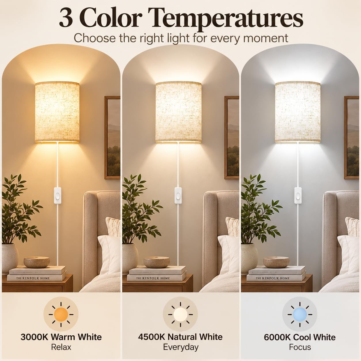 Yunaking Plug in Wall Sconces Set of Two Wall Lights with On/Off Switch