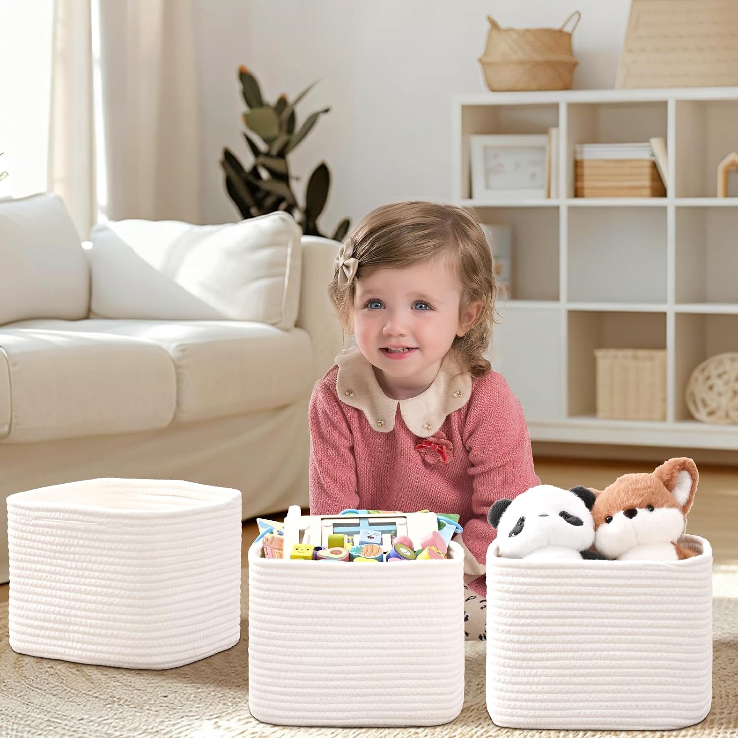 3 Pack Cube Storage Bin, 9”x9”x7” Cotton Rope Woven Baskets for Organizing Toys Clothes Towels, Square Gift Storage Baskets for Shelves, Nursery, Closet, Bathroom, Pantry (White)
