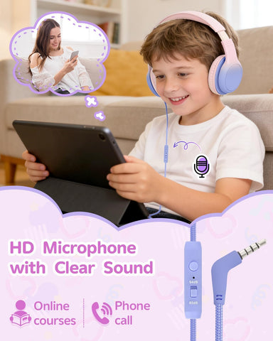 Over Ear Kids Headphones with HD Mic, Safe Volume Limited Wired Headphones for School, Travel, Stereo Sound Headphones with Cord, Foldable 3.5mm Headphones for iPad, Laptop, PC, Pink-Blue