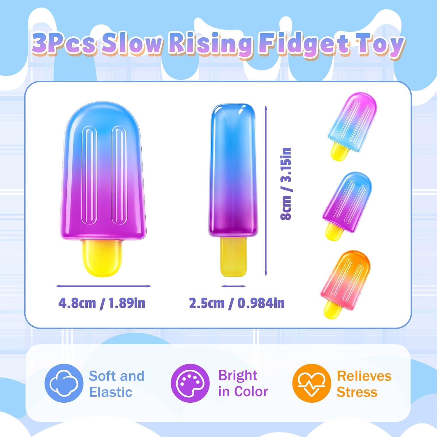 3 Pack Ice Cream Bar Slow Rising Squishy Toys, Cute Food Popsicle Sensory Fidget Squishies for Kids Party Favors Stress Relief Gift