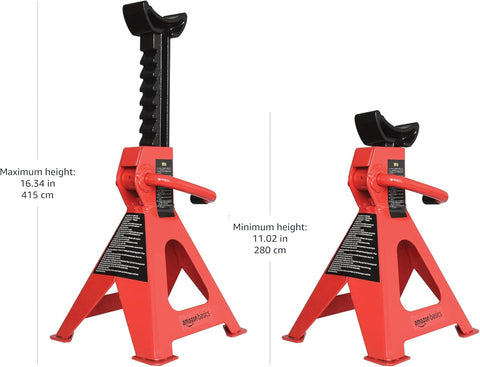 Amazon Basics Steel Jack Auto Stands, 3 Ton (2.7 metric Ton) Capacity, Easy to Use, Adjustable Height, 6,000 lb, 1 Pair, Black and Red(For Sedans and Urban SUVs)