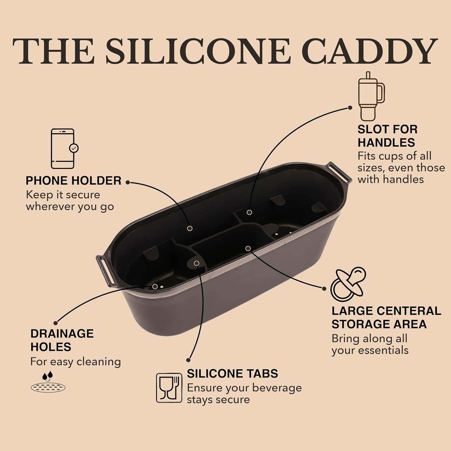 Silicone Stroller Organize, 40 oz Cup Holders, Waterproof & Easy-Clean, BPA-Free Caddy with Phone Pocket & Storage, Universal Anti-Slip Straps Fit UPPAbaby, Bugaboo, Nuna, Doona & Most Strollers