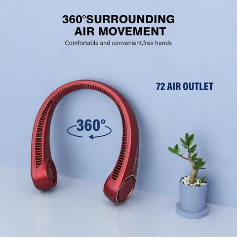 Morelax Neck Fan, USB Rechargeable Personal Fan,Hand Free Bladeless Portable Fans,4000 mAh, 3 Speeds,72 Air Faster softer 360° Cooling, Gift Suitable for Home, Office, Travel, Sports Red