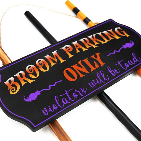 Halloween Decorations - Broom Parking Sign with 3 Wooden Witches Brooms