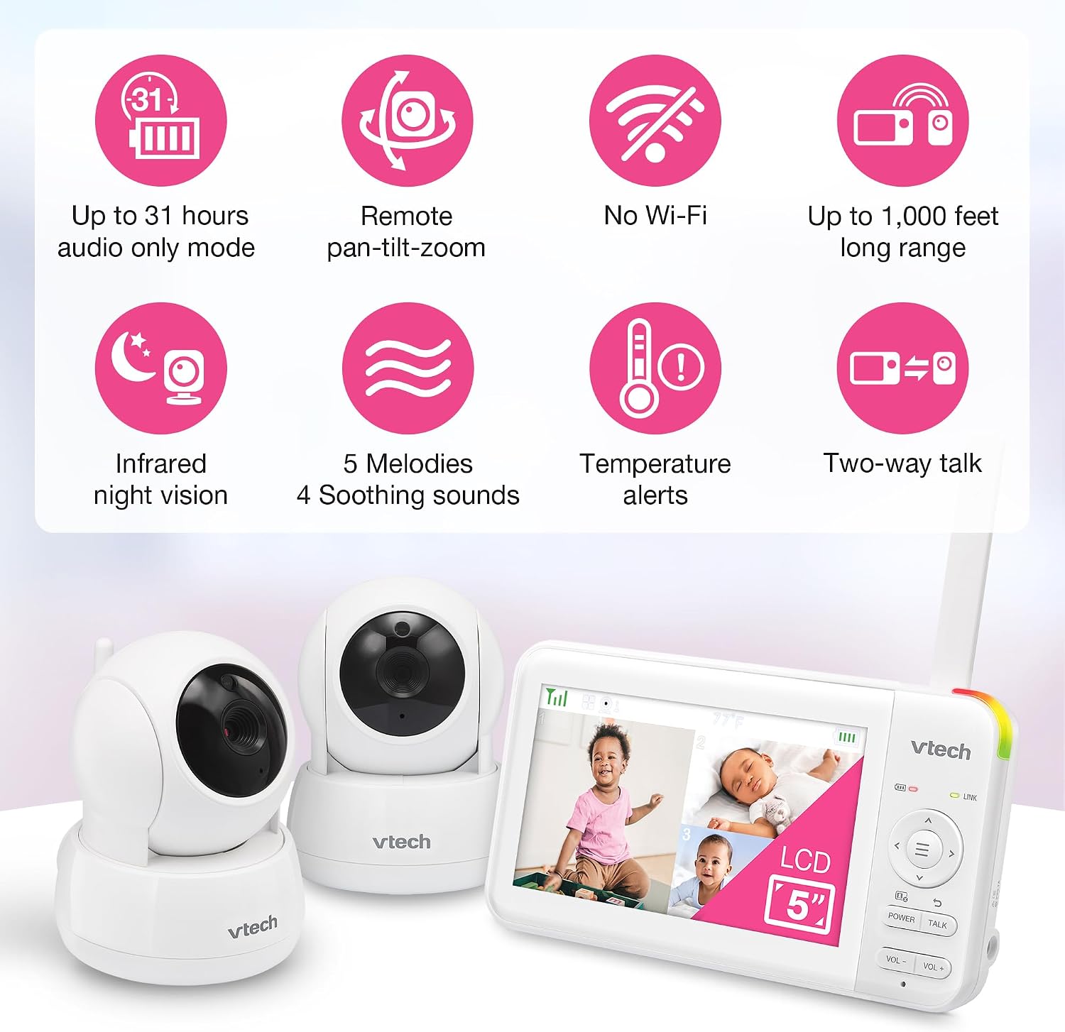 VTech Baby Monitor No WiFi, 2 Cameras – Monitor Two Rooms, Remote Pan-Tilt-Zoom, Hack-Proof, 5" Screen, 17Hr Battery, 1000ft Range, Night Vision, Temperature Sensor | 924-2W