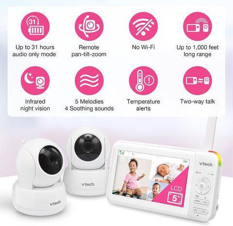 VTech Baby Monitor No WiFi, 2 Cameras – Monitor Two Rooms, Remote Pan-Tilt-Zoom, Hack-Proof, 5" Screen, 17Hr Battery, 1000ft Range, Night Vision, Temperature Sensor | 924-2W