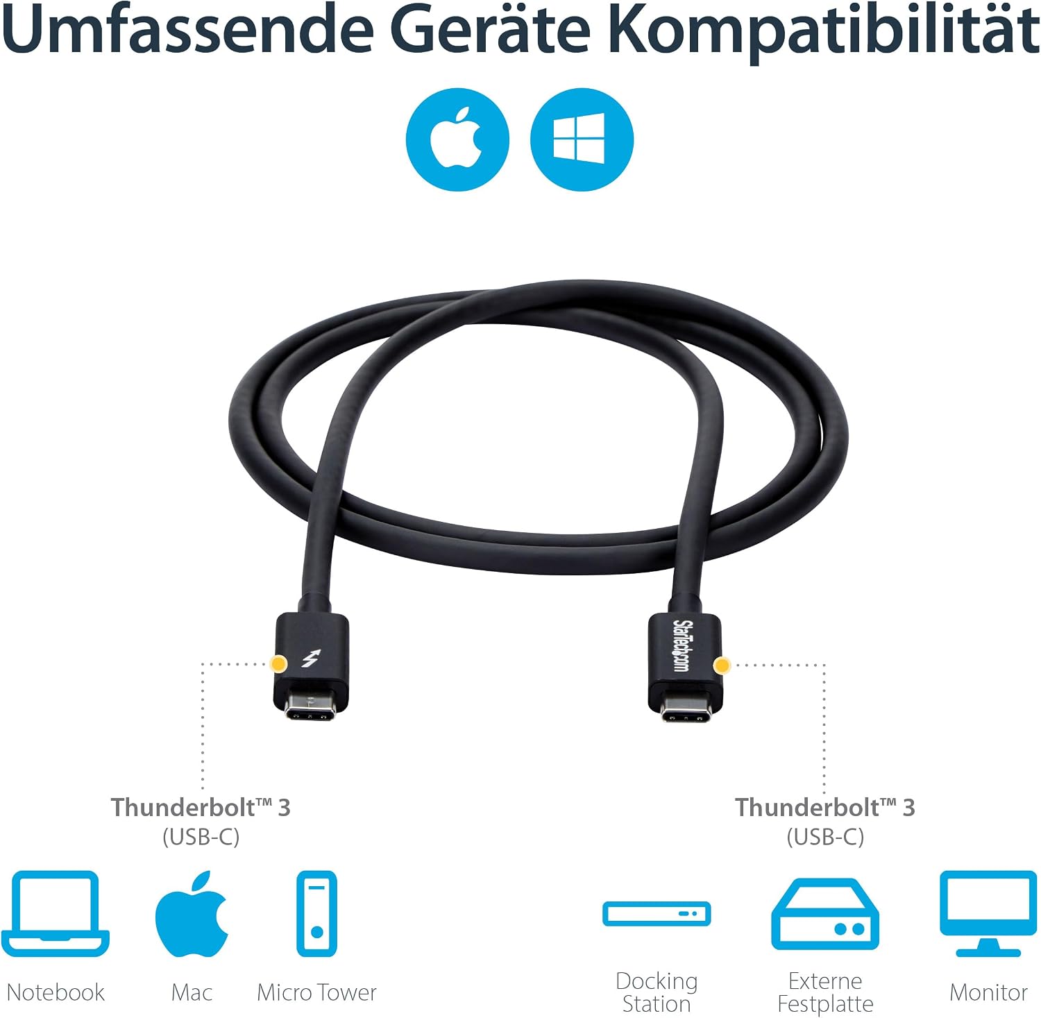 StarTech 3.3ft/1m Passive Thunderbolt 3 Cable 20Gbps, 4K60, 100W, Certified