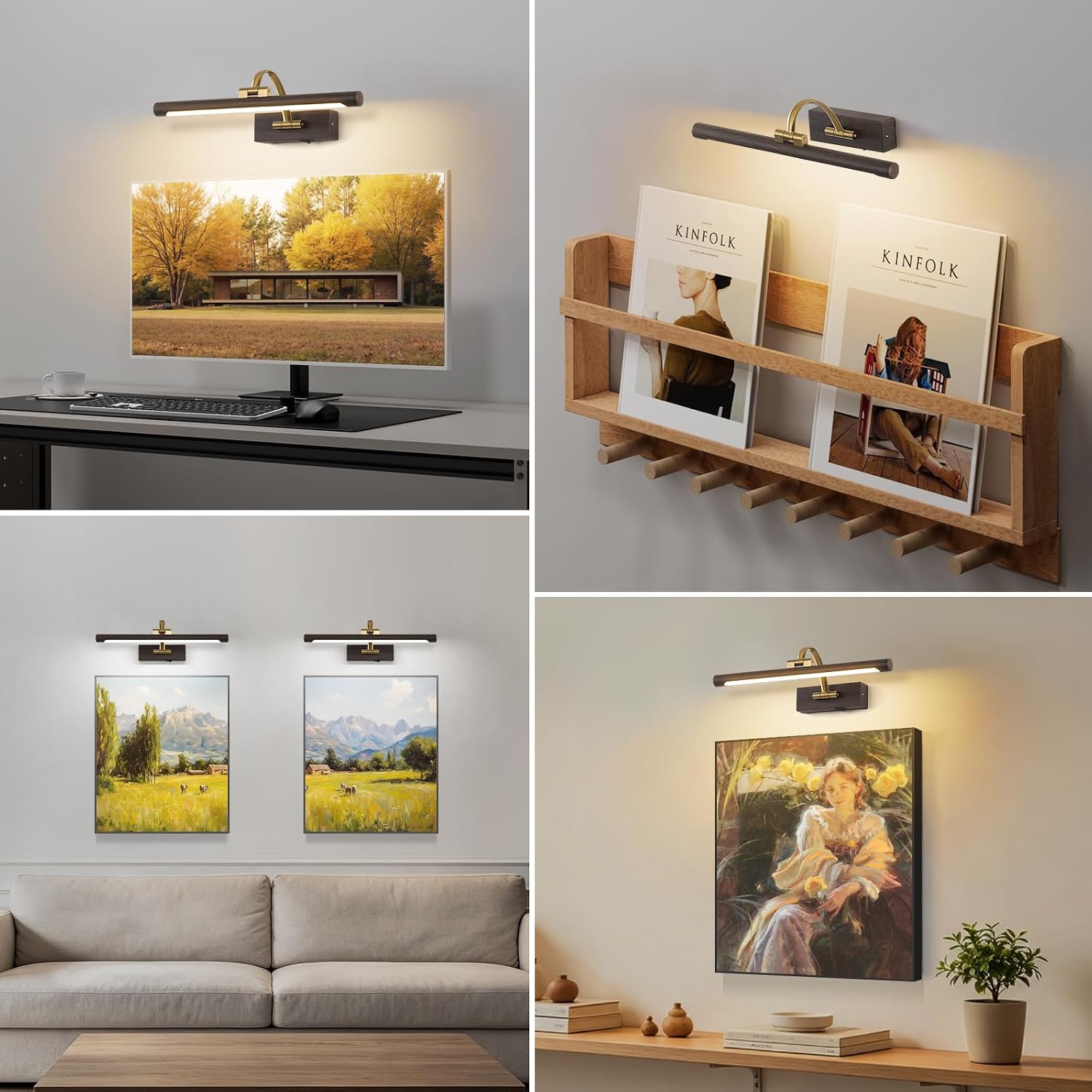 Tassuowell LED Picture Lights for Wall Rechargeable, Battery Operated Art Light for Paintings (Wood Grain, 15.7inch)