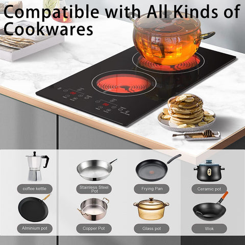Karinear 2 Burners Electric Cooktop, 110v Plug in Ceramic Cooktop, 12 Inch