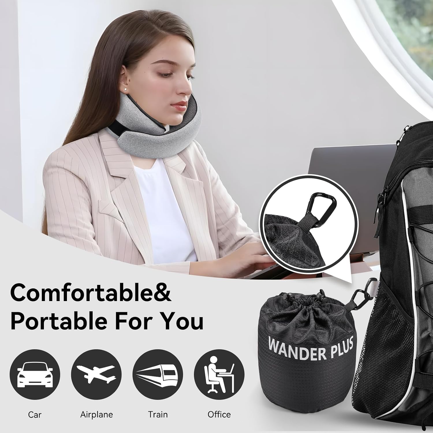 Wander+®Travel Neck Pillow, Pure Memory Foam Neck Pillow for Airplanes, Comfortable Breathable Cover, 360 Degree Support Ergonomic Design Best for Sleeping Plane Train Travel Essentials Max Black