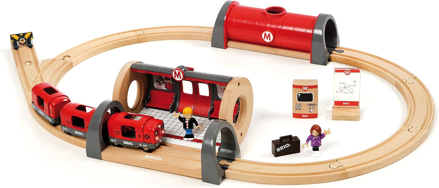 BRIO Metro Railway Set - 20-Piece FSC-Certified Wood Set & Accessories - Train Engine with Light & Sound, Kiosk, Wooden Tracks & More - Works with All BRIO Train Sets - Kids Ages 3 & Up