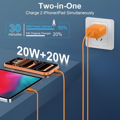 20W Dual Port USB C Charger Block for iPhone 17 16 15 Pro Max Charger Fast Charging with 10FT Long USB C to C Charging Cable Cord for iPhone 17 16 15 Pro Max/17 16 15Pro/15, Android Phone-Orange