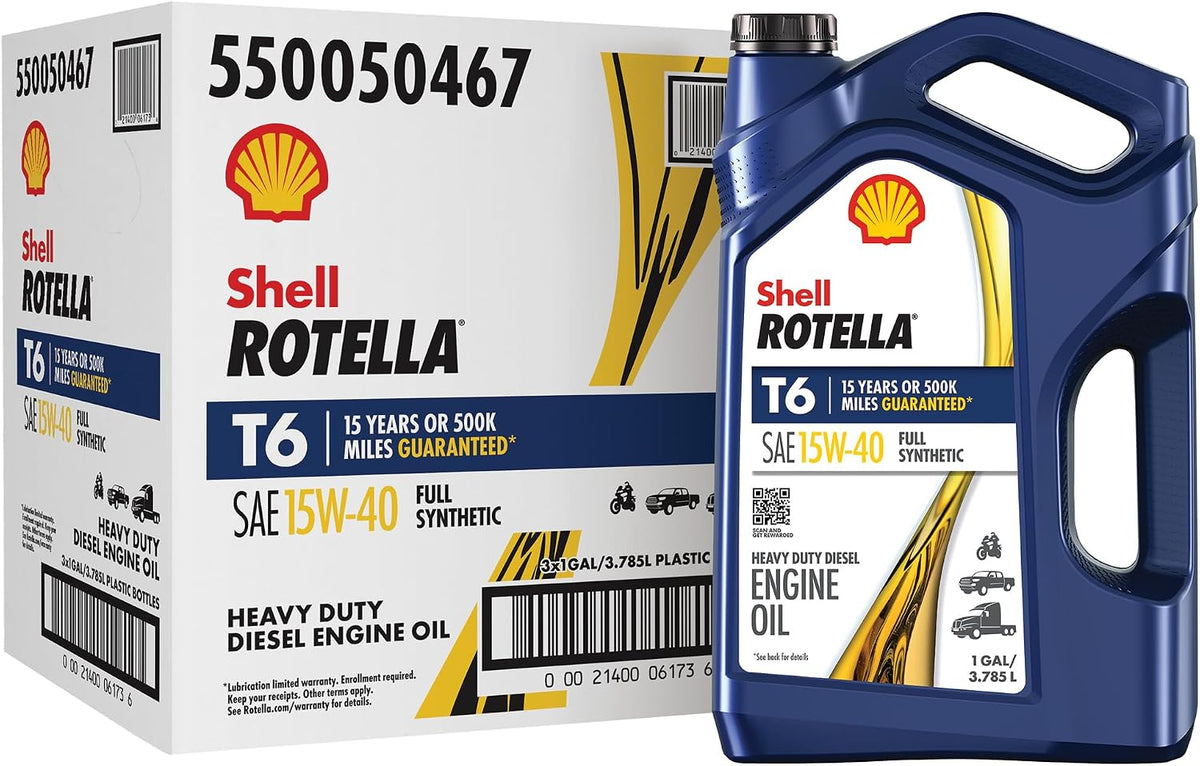 Shell Rotella T6 Full Synthetic 15W-40 Diesel Engine Oil, 1 Gallon (3 Pack)