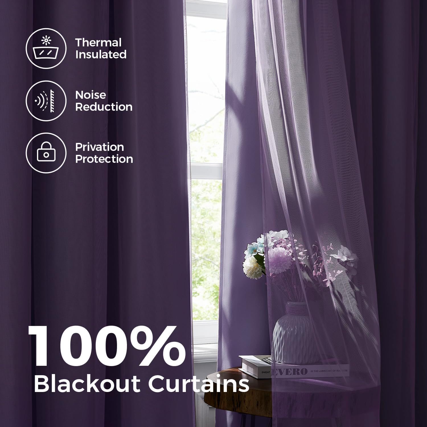 100% Blackout Curtains for Bedroom, Double Layer Lilac 90" L
