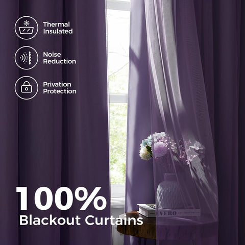 100% Blackout Curtains for Bedroom, Double Layer Lilac 90" L