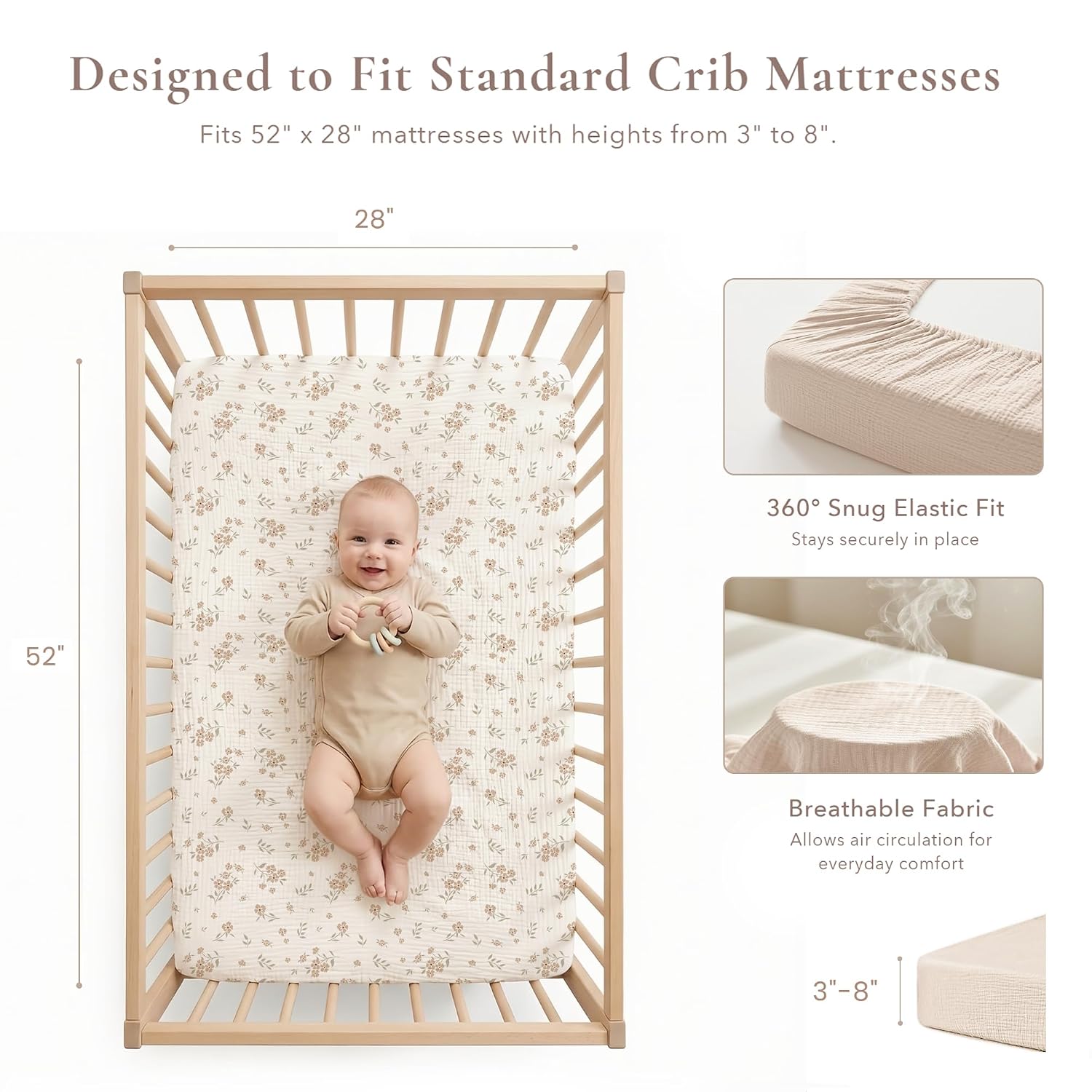Konssy 2 Pack Muslin Crib Sheets for Standard Crib Mattress, 52" x 28"
