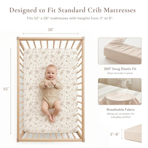 Konssy 2 Pack Muslin Crib Sheets for Standard Crib Mattress, 52" x 28"