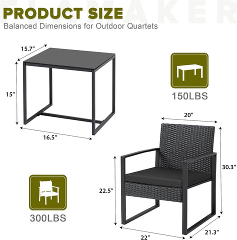 Flamaker 3 Pieces Patio Furniture Set Outdoor Wicker Bistro Chair (Black)
