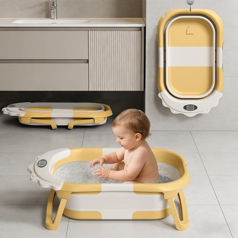 TPN Collapsible Baby Bathtub for Infants to Toddler with Real-time Temp Monitor+Floating Cushion 1 (Yellow, Little Lion)