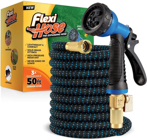 Flexi Hose Expandable Garden Hose with 8 Function Nozzle, 50FT - Lightweight Retractable Garden Hose, Water Hose - No-Kink Flexibility, 3/4 Inch Solid Brass Fittings and Double Latex Core