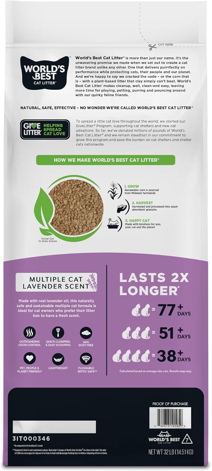 World's Best Cat Litter Lavender Scented, Long-Lasting Odor Control, 32 lb Bag