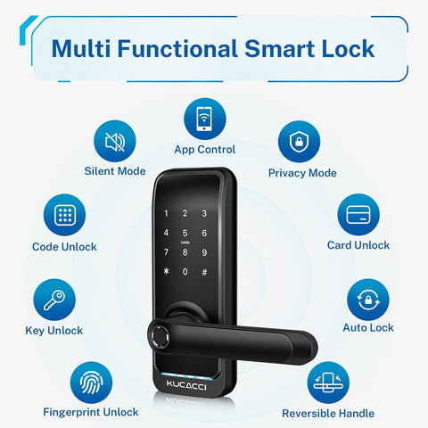 Smart Door Lock with Handle: Kucacci Keyless Entry Digital Door Lock for Front Door - Fingerprint Keypad Smart Dnob - Generate Passcode Remotely - App Control - Easy Installation(Black)