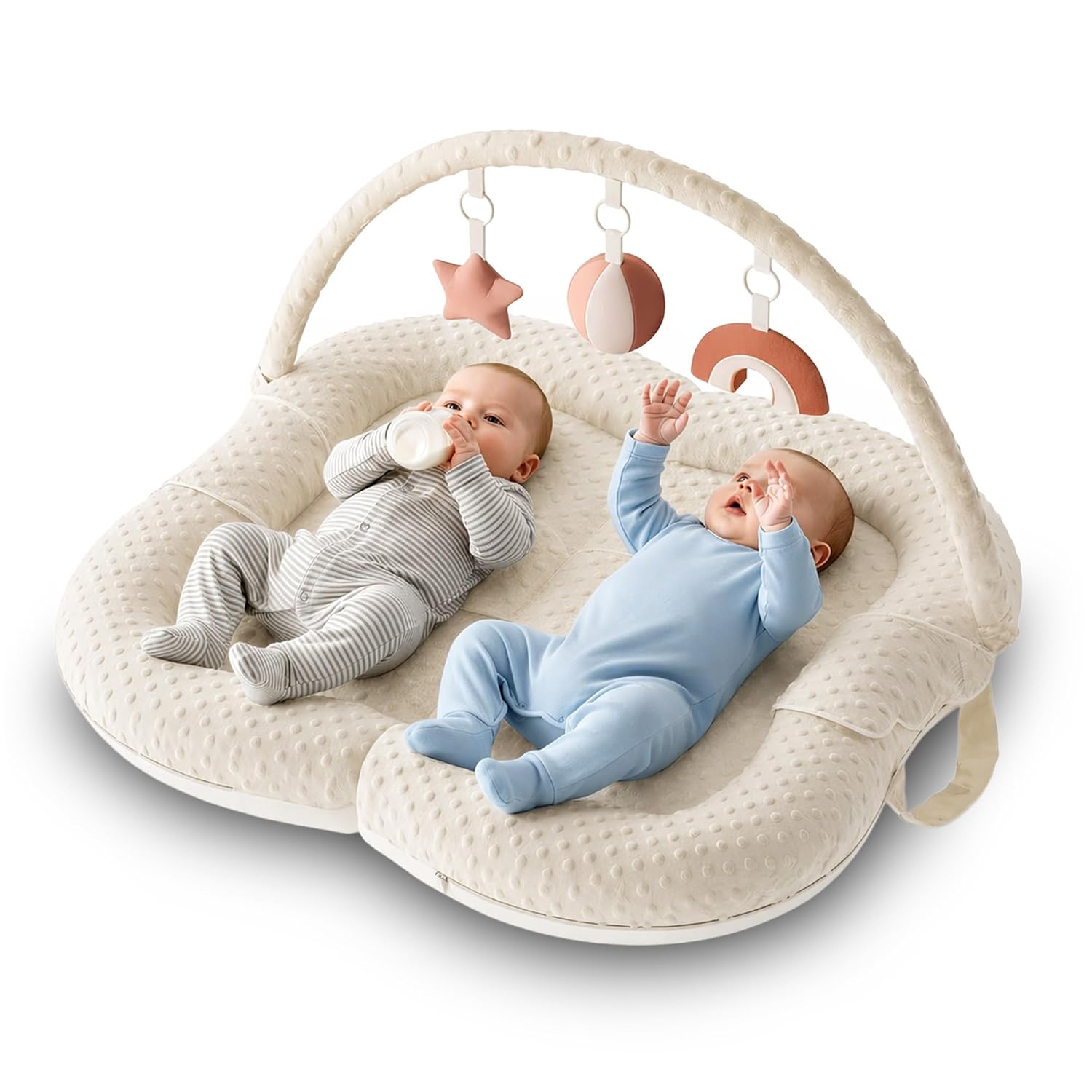 Twins Baby Play Mats for Floor Activity Gym - 5-in-1 Support Cushion Baby Play Mat Tummy Time Mat for Supervised Bonding with Arch, Plush Toys, Flashcards & Development - Beige