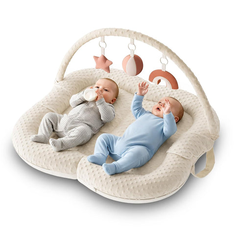 Twins Baby Play Mats for Floor Activity Gym - 5-in-1 Support Cushion Baby Play Mat Tummy Time Mat for Supervised Bonding with Arch, Plush Toys, Flashcards & Development - Beige