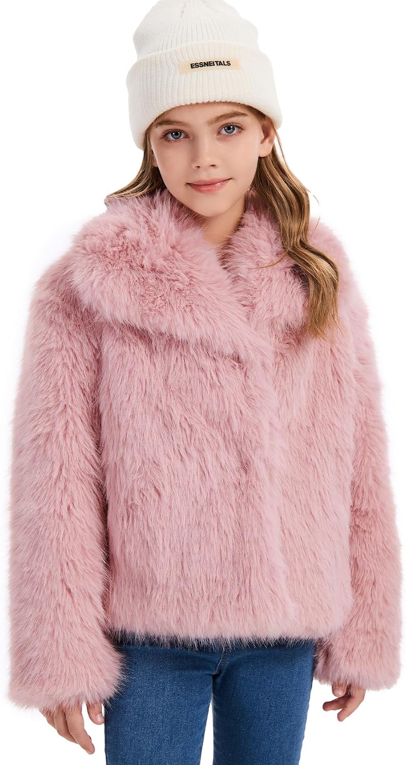 Flygo Girls Faux Fur Coat Fluffy Open Front Winter Shaggy Jackets 5-14Y