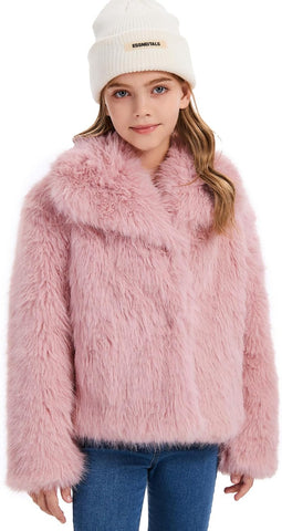 Flygo Girls Faux Fur Coat Fluffy Open Front Winter Shaggy Jackets 5-14Y