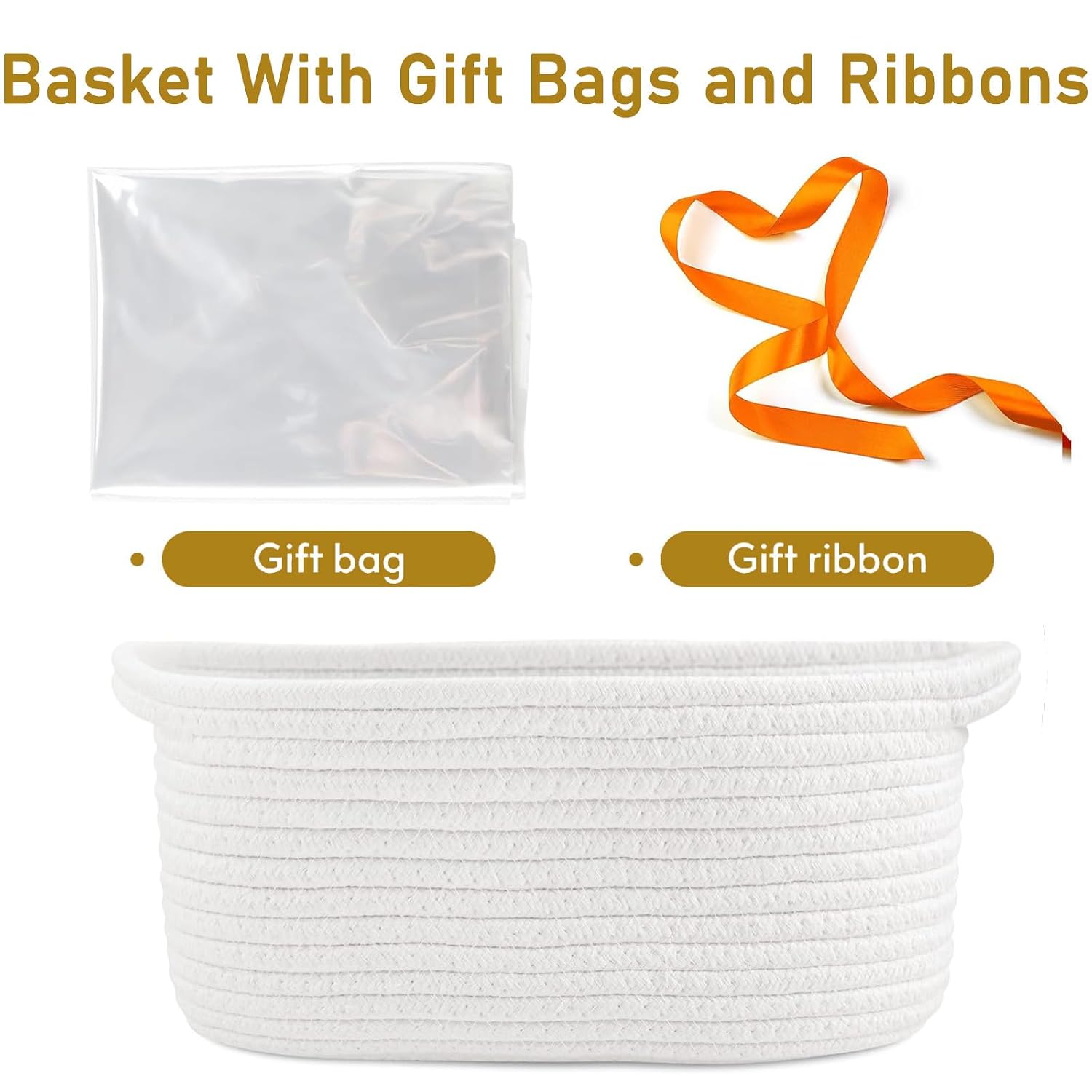 Poschnor Gift Basket for Mother's Day, with Gift Bags and Ribbons, 12X 8 X 5 Inch Empty Basket for Gifts, Small Cotton Rope Basket, White