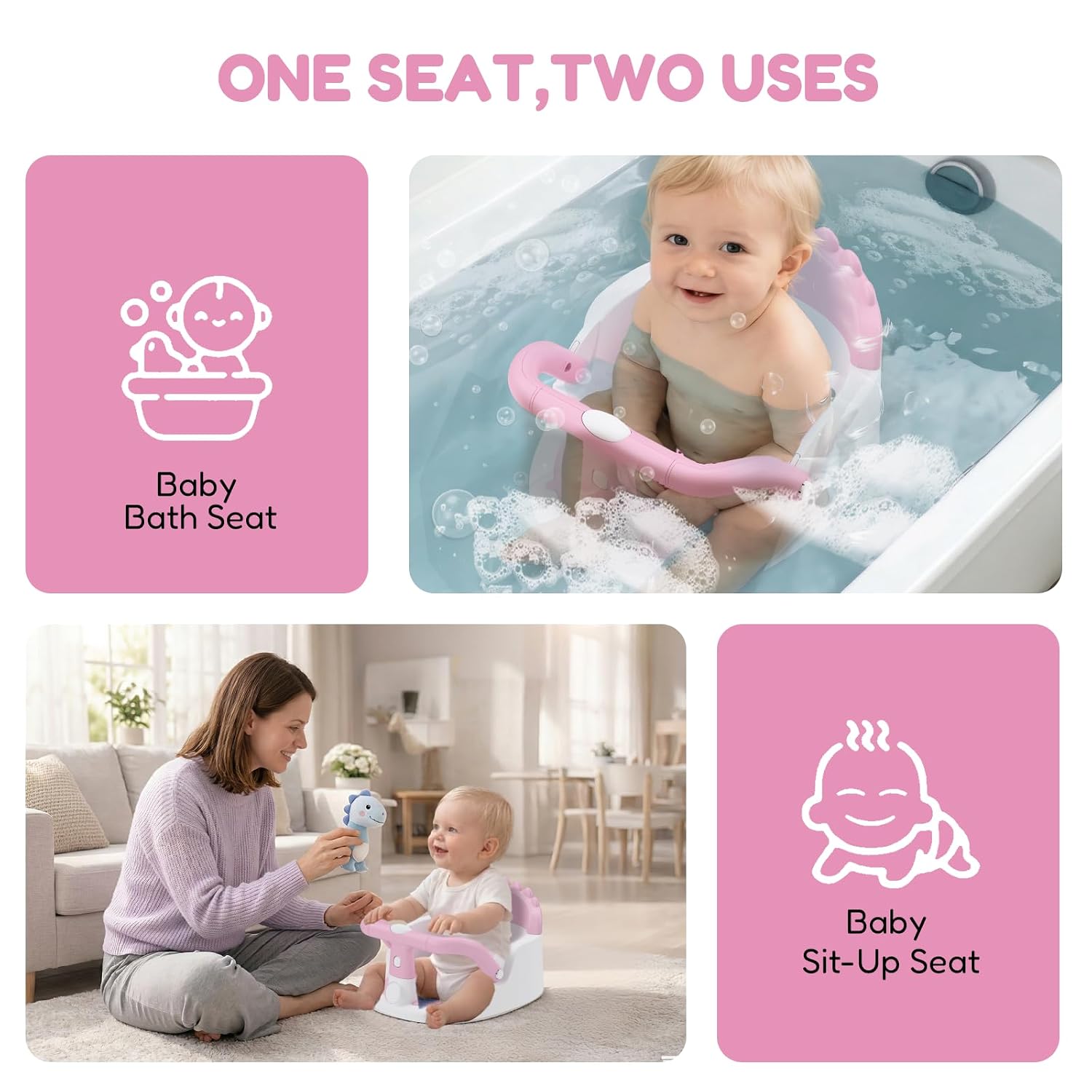 Baby Bath Seat for Babies 6 Months & Up Sitting Up with Suction Cups, Pink