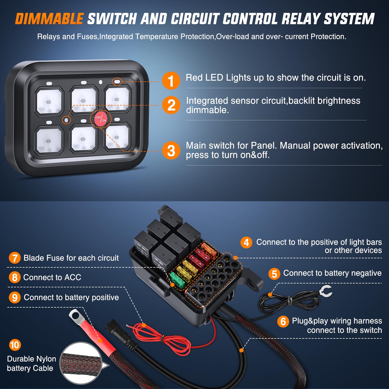Nilight 6 Gang Switch Panel Relay System Automatic Dimmable