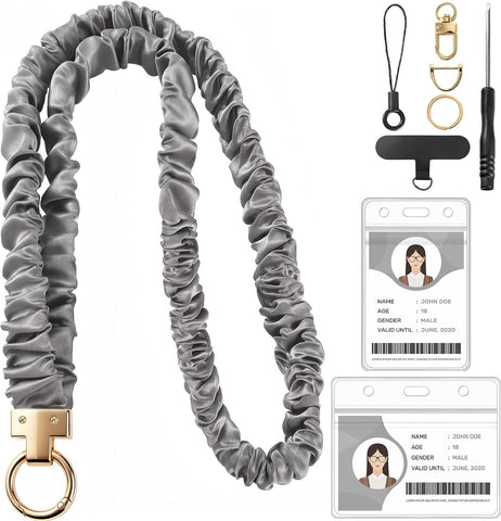 Prudiut Scrunchie Lanyard for ID Badges, Retractable Teacher Lanyards, Grey