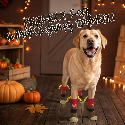 EXPAWLORER Thanksgiving Anti Slip Dog Socks to Prevent Licking Paws,Boots & Paw Protectors with Grippers,Doggie Booties for Hardwood Floors for Small Medium Large Senior Dogs Lifelike Costume Turkey M