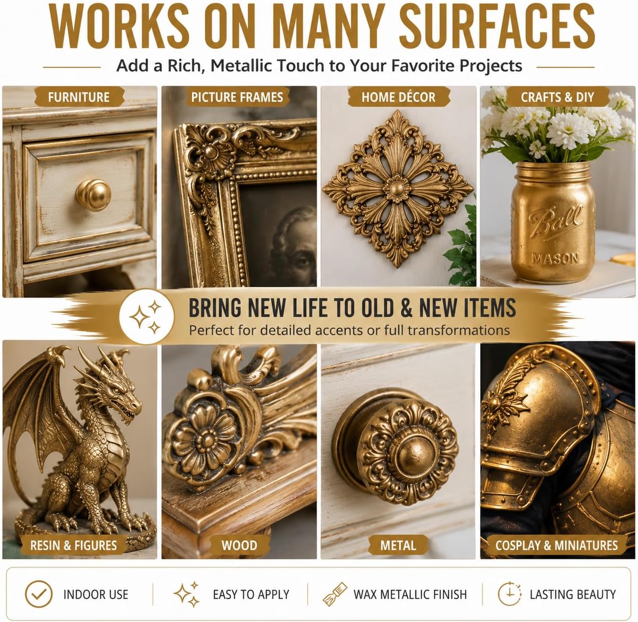 Rub n Buff Wax Metallic Antique Gold, Rub and Buff Finish, 0.5-Fluid Ounce, Pixiss Blending and Application Tools for Applying Metallic Wax Paint