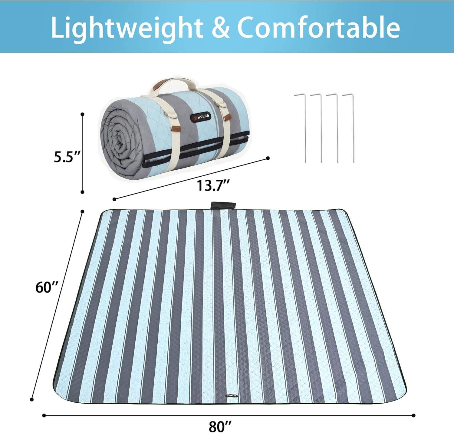 HX&OD Outdoor Picnic Blanket Extra Large, 80''*60'' Waterproof Picnic Mat with Stakes Foldable Camping Blanket Portable with Carry Strap for Beach Mat (Green& White, 80''*60'')
