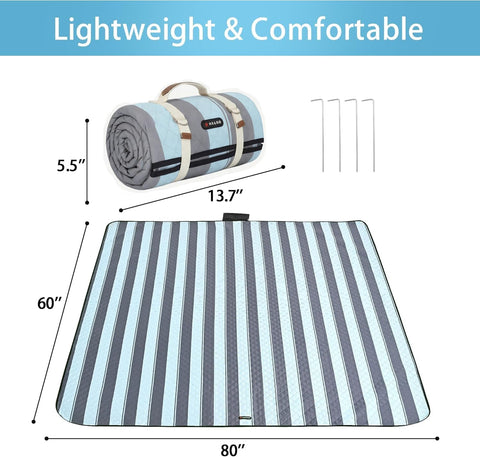 HX&OD Outdoor Picnic Blanket Extra Large, 80''*60'' Waterproof Picnic Mat with Stakes Foldable Camping Blanket Portable with Carry Strap for Beach Mat (Green& White, 80''*60'')