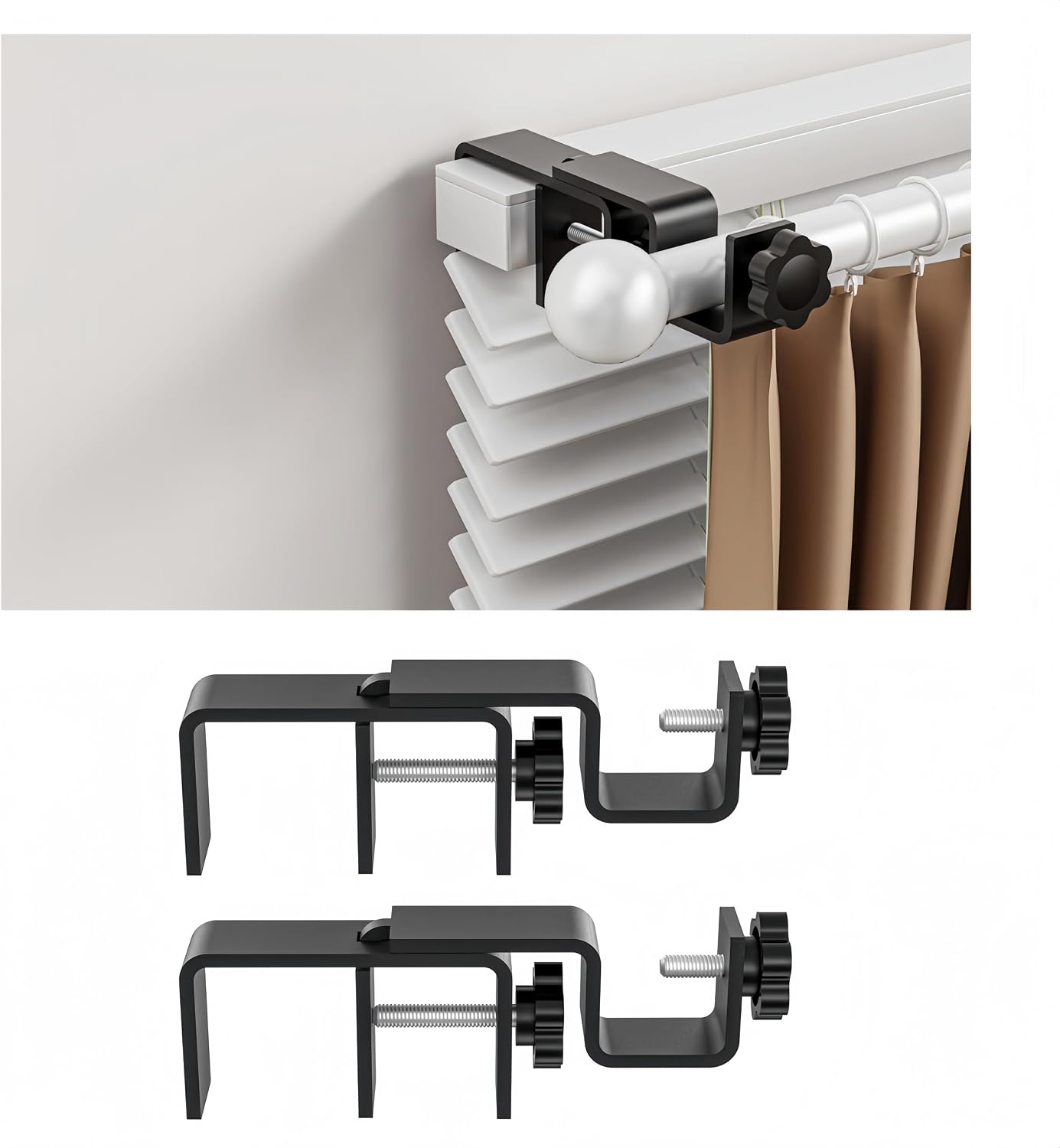 Over-Blinds Curtain Rod Brackets for Outside-Mounted Blinds, Blinds Curtain Rod Brackets for 1.3–2” Rectangular Headrails, Tool-Free No-Drill Installation for Apartments, Rentals Set of 2 (Black)