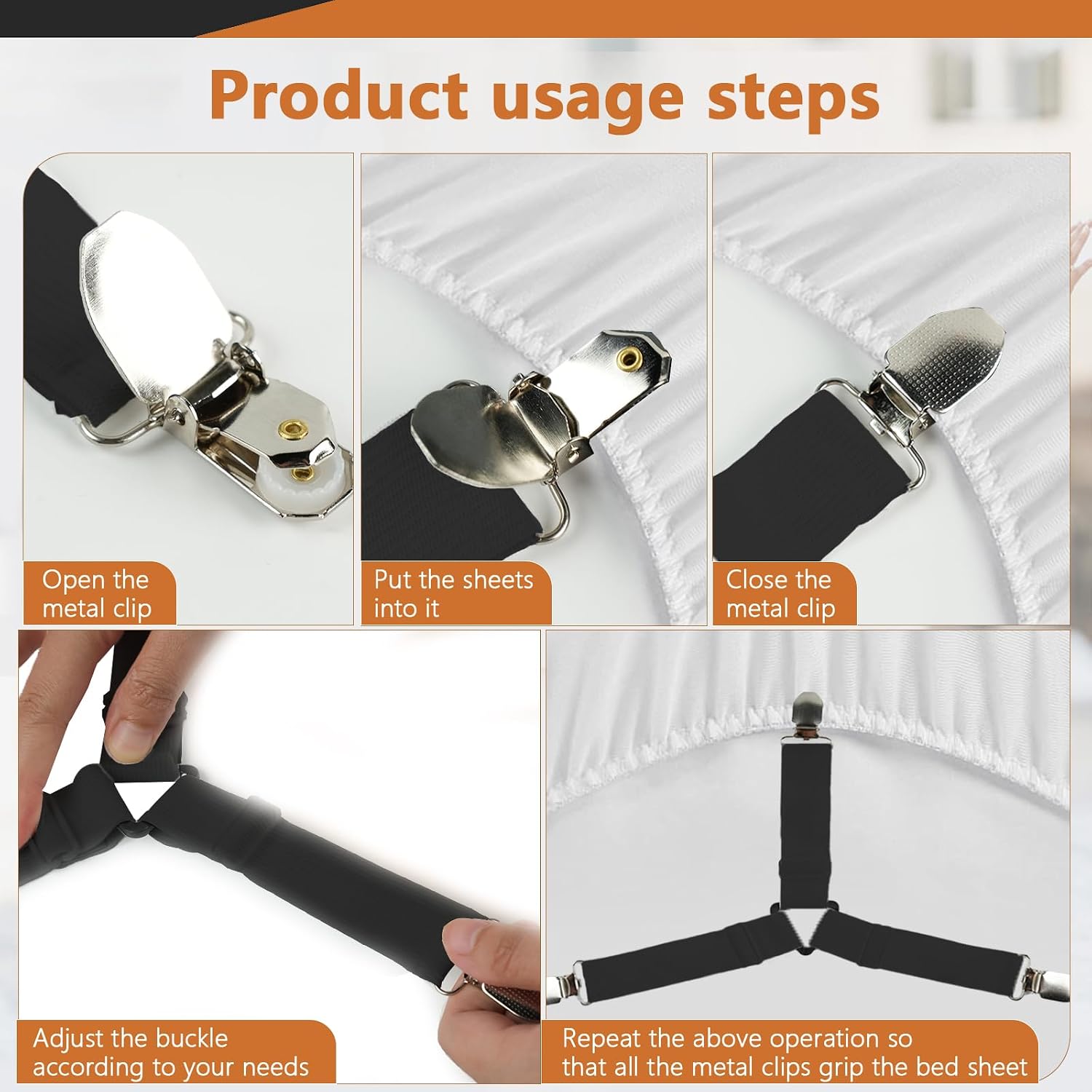 4 Pcs Adjustable Elastic Bed Sheet Straps with Metal Clips