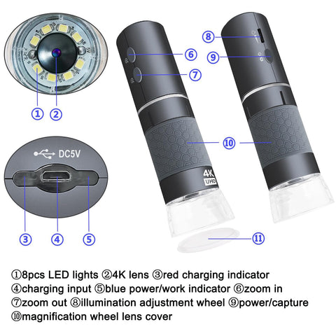 Jiusion WiFi USB Digital Handheld Microscope, 50 to 1000x Wireless Magnification Endoscope 4K 3840x2160P Camera 8 LEDs with Metal Stand for iPhone iPad Android Mac Windows Linux Chrome