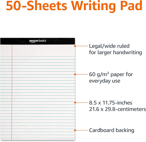 Amazon Basics Wide Ruled Lined Writing Note Pads for Office Supplies, 8.5" x 11.75", White, 12-Pack of 50 Perforated Sheets