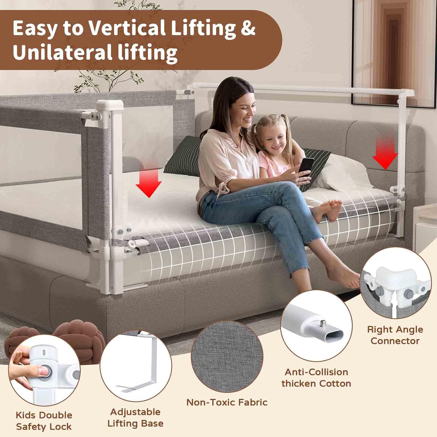 Bed Rail for Toddlers,1-Piece Height Adjustable Bed Guard Rail for Toddlers, Kids Safety Guard Rails for Twin Full Queen King Size (Gray, 1 Piece Side:70.8")