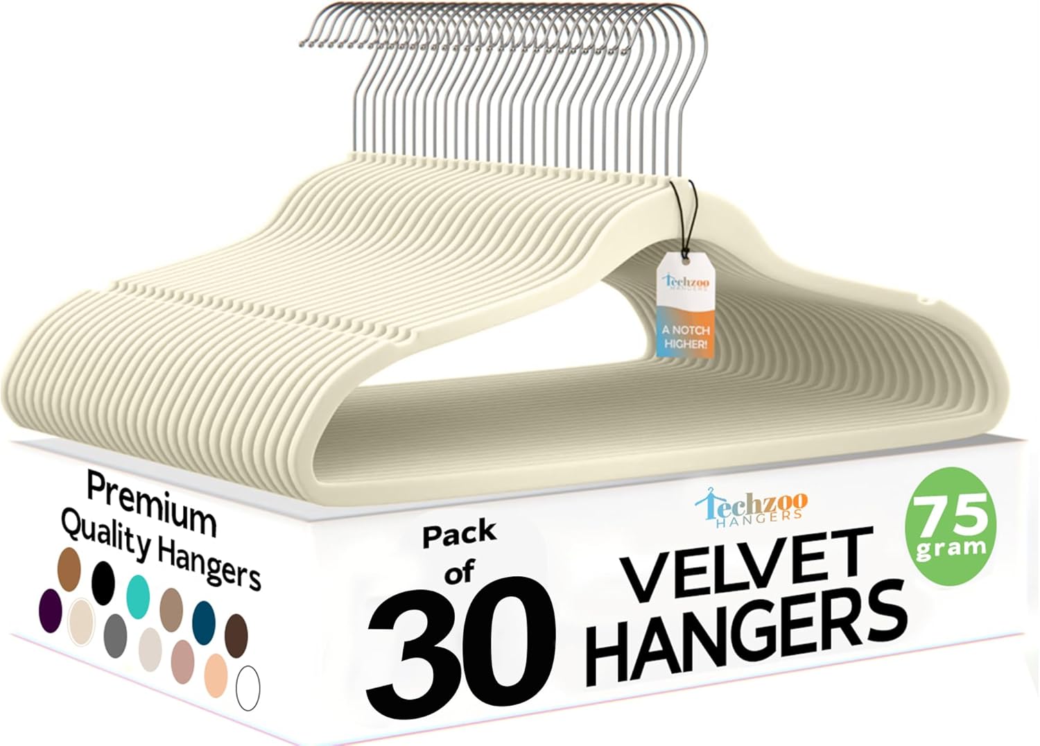 Techzoo Premium Velvet Hangers 30 Pack Ultra Thin Non Slip Adult Felt Space Saving Suit Hanger for Closet Heavy Duty Coat Pants Jackets Dress Hangers 360° Swivel Hook Hold Upto 10 lbs Ivory