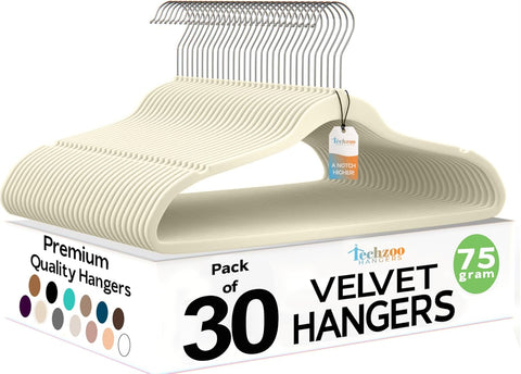 Techzoo Premium Velvet Hangers 30 Pack Ultra Thin Non Slip Adult Felt Space Saving Suit Hanger for Closet Heavy Duty Coat Pants Jackets Dress Hangers 360° Swivel Hook Hold Upto 10 lbs Ivory