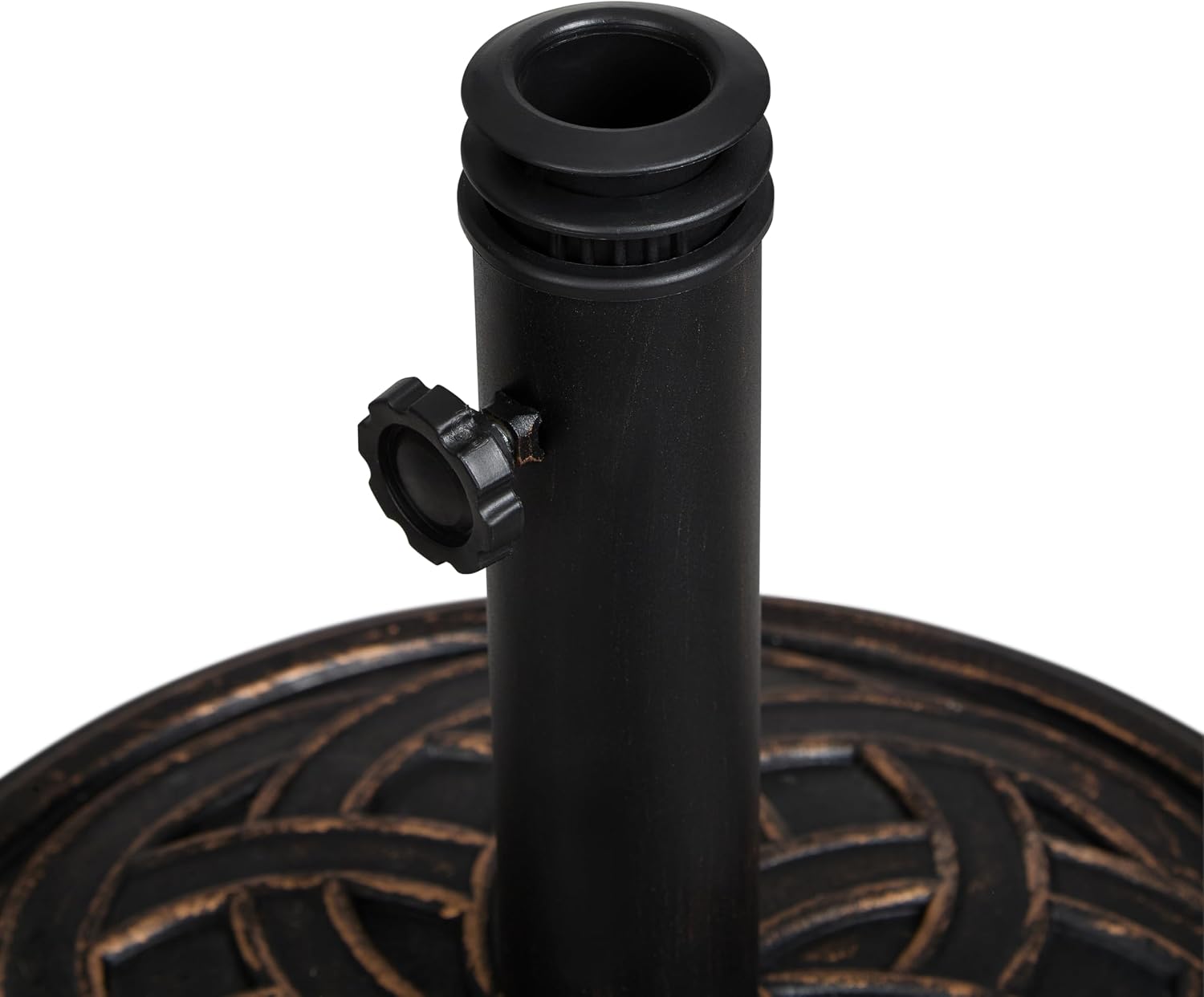 Backyard Expressions Round Heavy Duty Patio Umbrella Base – Weather Resistant Calcium Carbonate Resin with Bronze Weave Design – Fits 1.5" to 2" Poles, Easy Assembly, UV & Fade Resistant