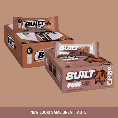 BUILT Puff Protein Bars, Brownie Batter Puff, High Protein Bars, 17g High Protein Snacks, On-The-Go Bars, only 140 Calories, 6g Sugar, Collagen, Gluten Free, 12 Count