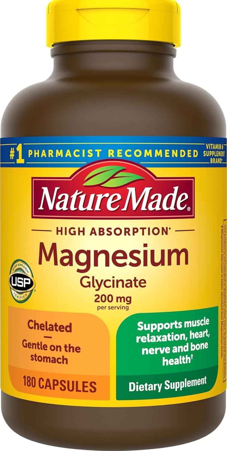 Nature Made Magnesium Glycinate 200 mg per Serving, 180 Capsules | High Absorption Magnesium Supplement for Muscle, Heart and Bone Support, Magnesium Bisglycinate Capsules, 90 Day Supply